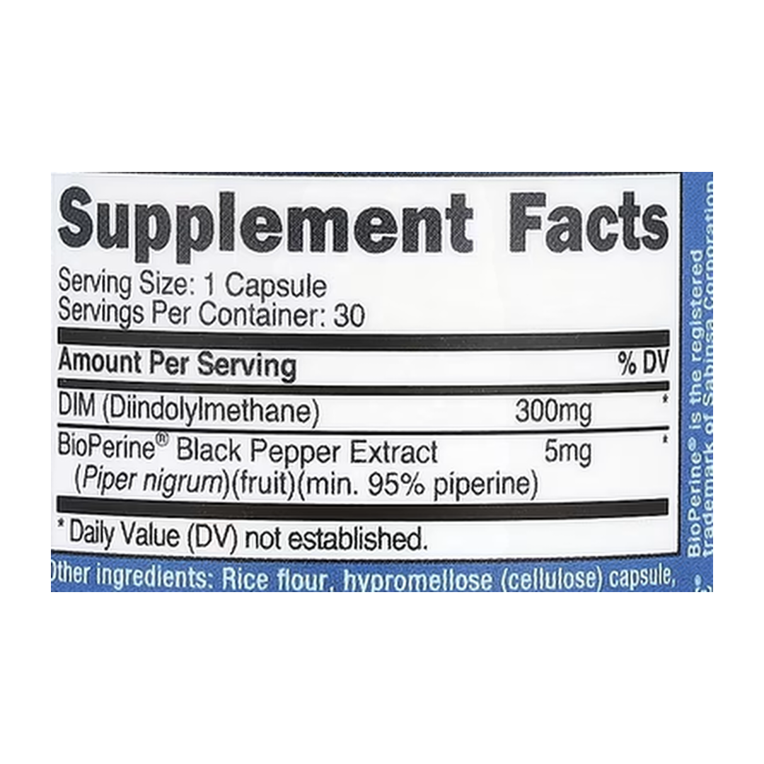 Nutricost, DIM, 300 mg, 30 Capsules supplement facts label showing ingredients, vitamins, minerals, and serving information