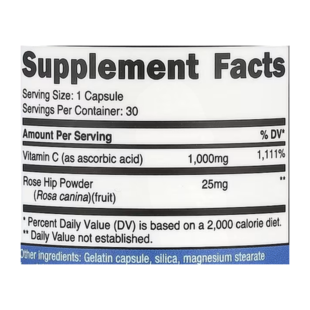 Nutricost, Vitamin C With Rose Hips, 30 Capsules supplement facts label showing ingredients, vitamins, minerals, and serving information