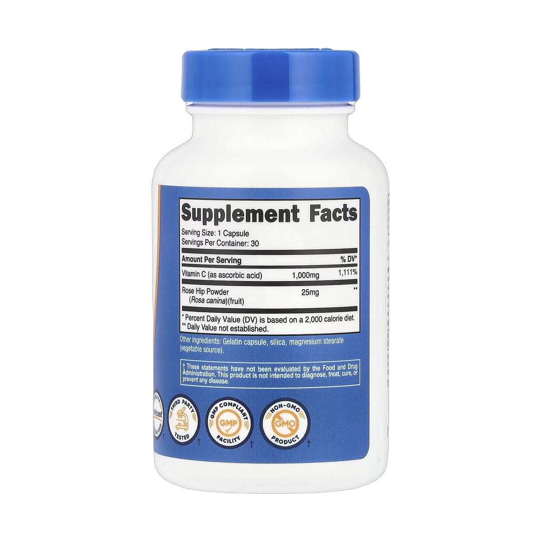 Nutricost, Vitamin C With Rose Hips, 30 Capsules back packaging view