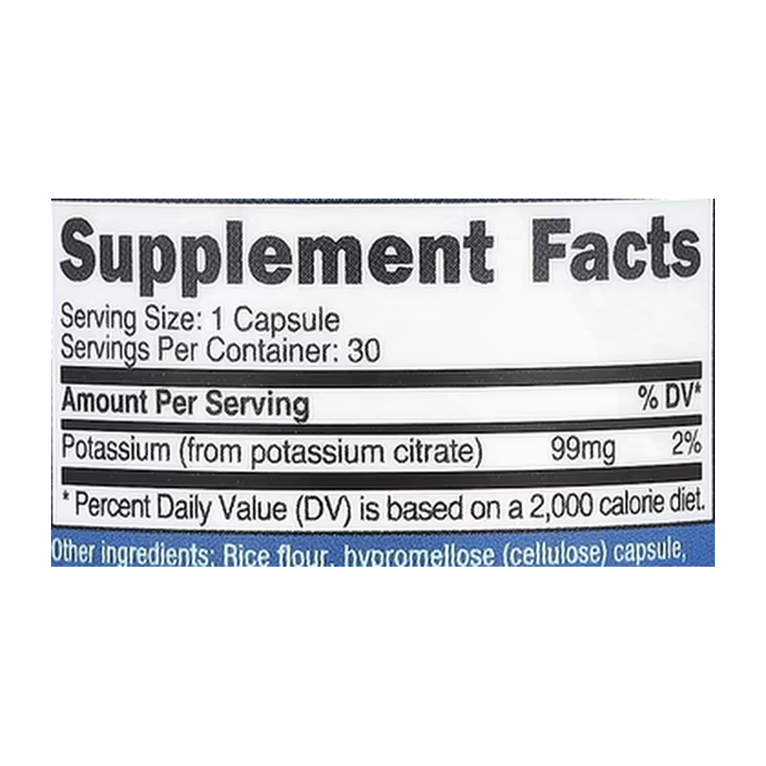 Nutricost, Potassium, 99 mg , 30 Capsules supplement facts label showing ingredients, vitamins, minerals, and serving information