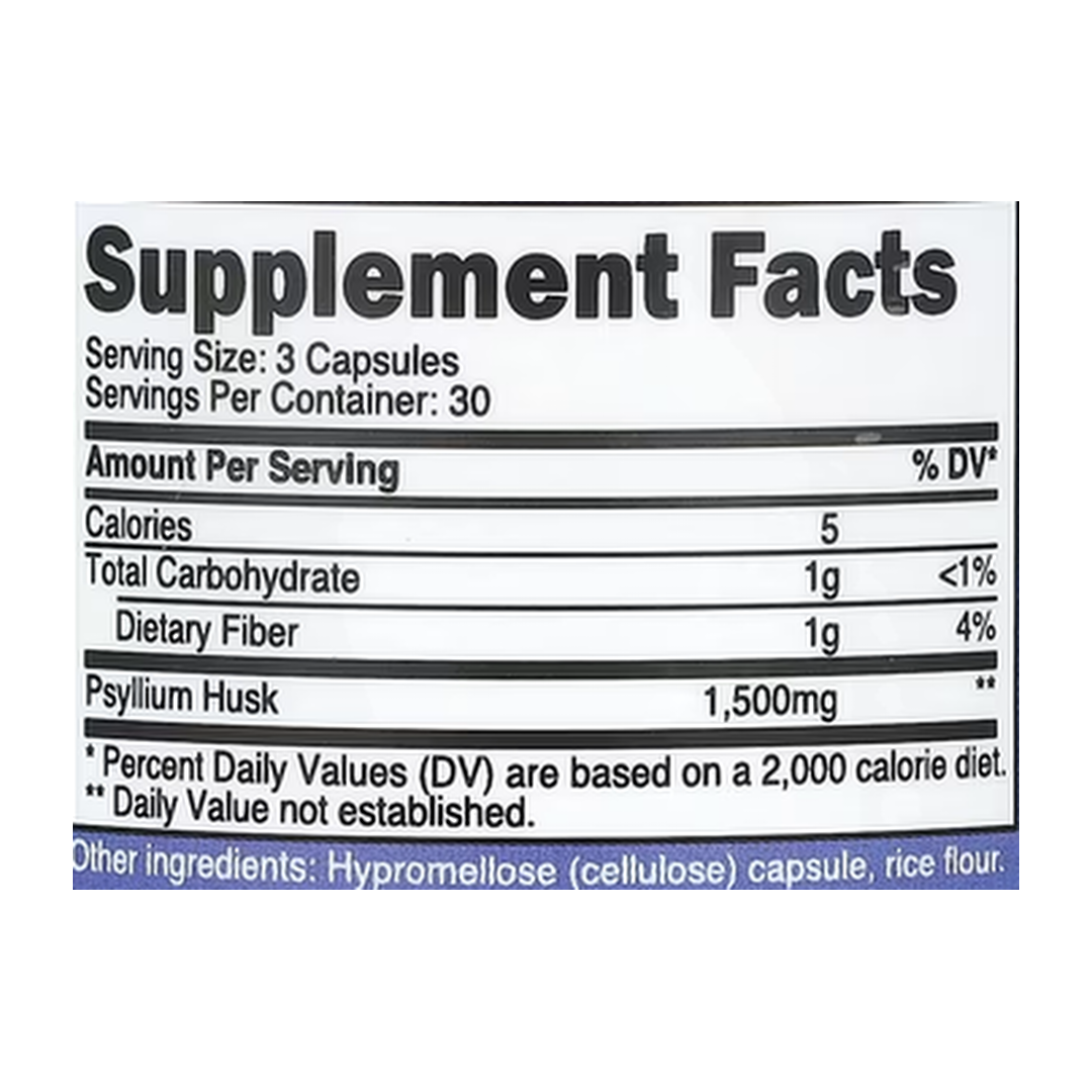 Nutricost, Psyllium Husk, 90 Capsules supplement facts label showing ingredients, vitamins, minerals, and serving information