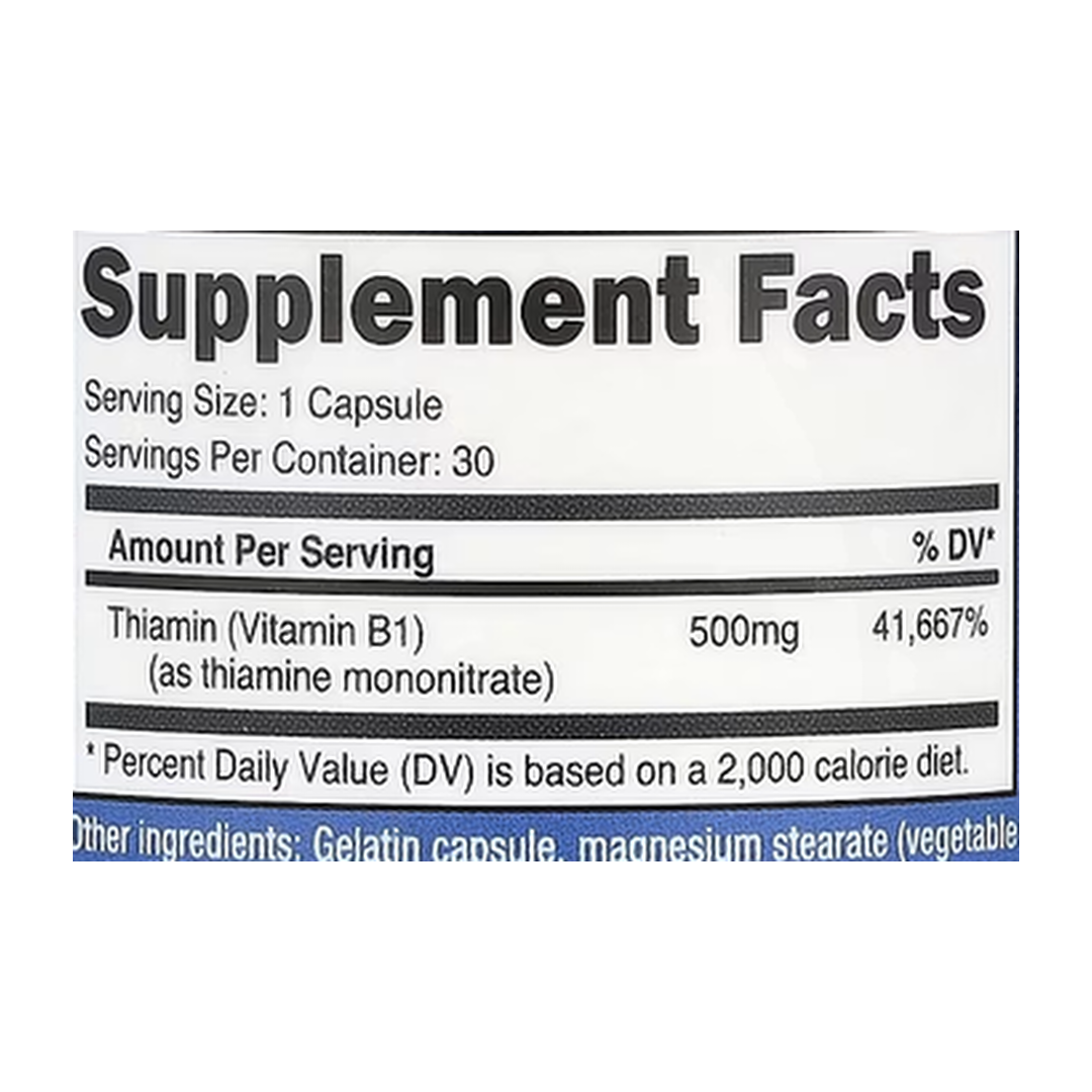 Nutricost, Vitamin B1, 500 mg , 30 Capsules supplement facts label showing ingredients, vitamins, minerals, and serving information