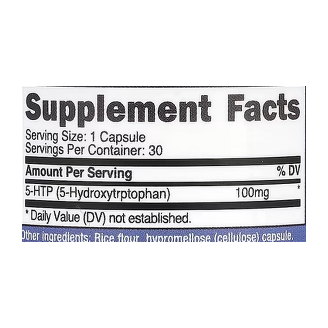 Nutricost, 5-HTP, 100 mg, 30 Capsules supplement facts label showing ingredients, vitamins, minerals, and serving information