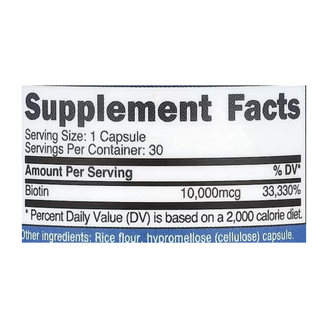 Nutricost, Biotin, 10,000 mcg, 30 Capsules supplement facts label showing ingredients, vitamins, minerals, and serving information