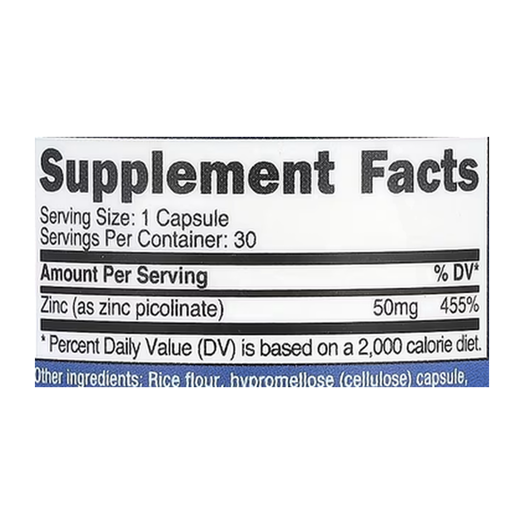 Nutricost, Zinc Picolinate, 50 mg, 30 Capsules supplement facts label showing ingredients, vitamins, minerals, and serving information