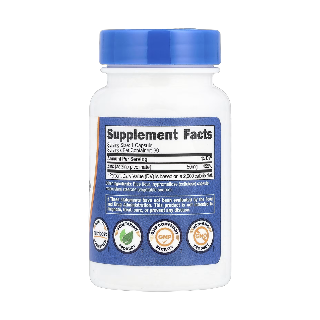 Nutricost, Zinc Picolinate, 50 mg, 30 Capsules back packaging view