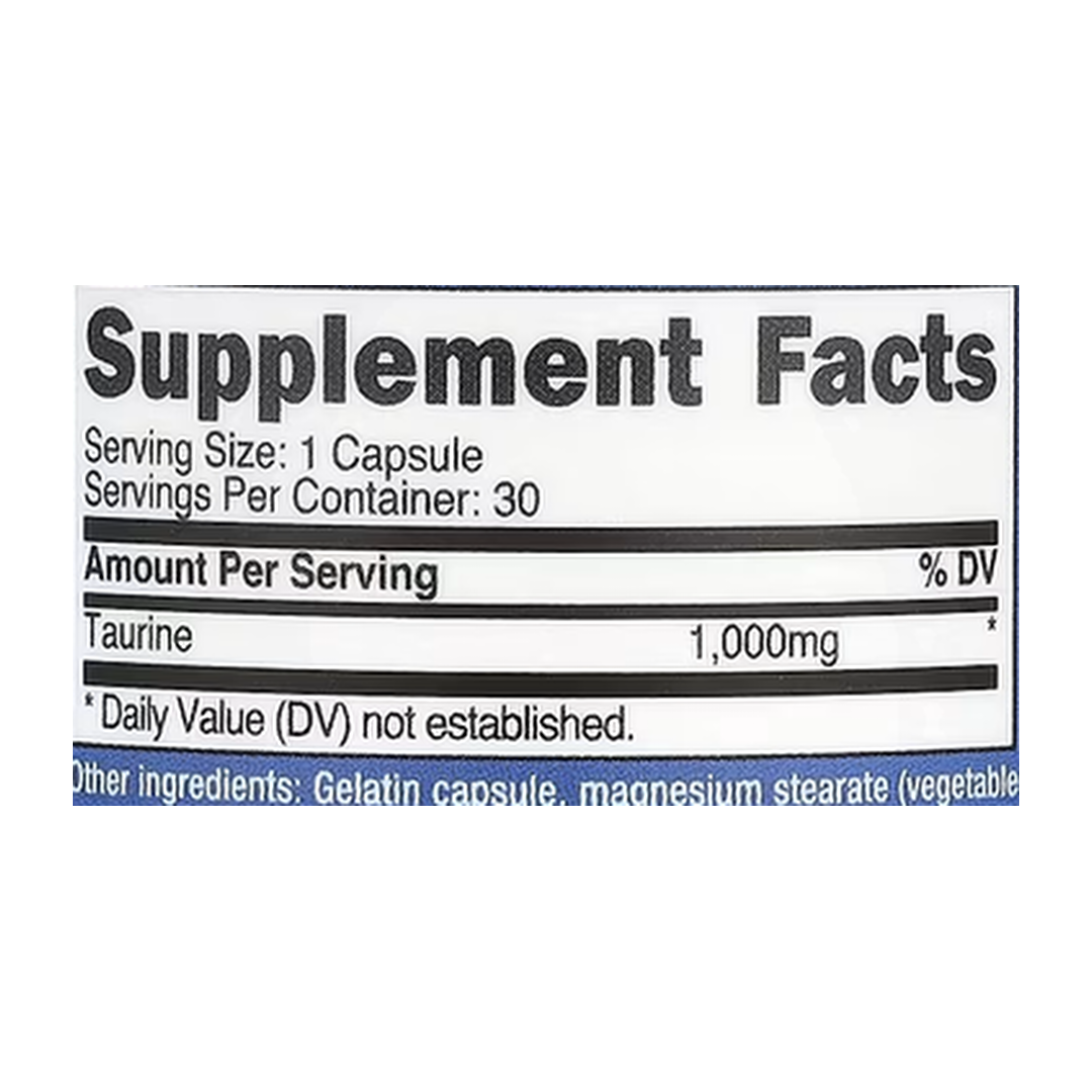 Nutricost, Taurine, 1,000 mg, 30 Capsules supplement facts label showing ingredients, vitamins, minerals, and serving information
