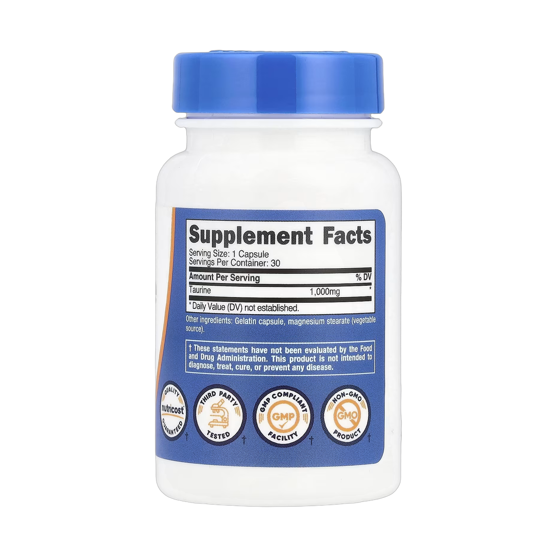Nutricost, Taurine, 1,000 mg, 30 Capsules back packaging view