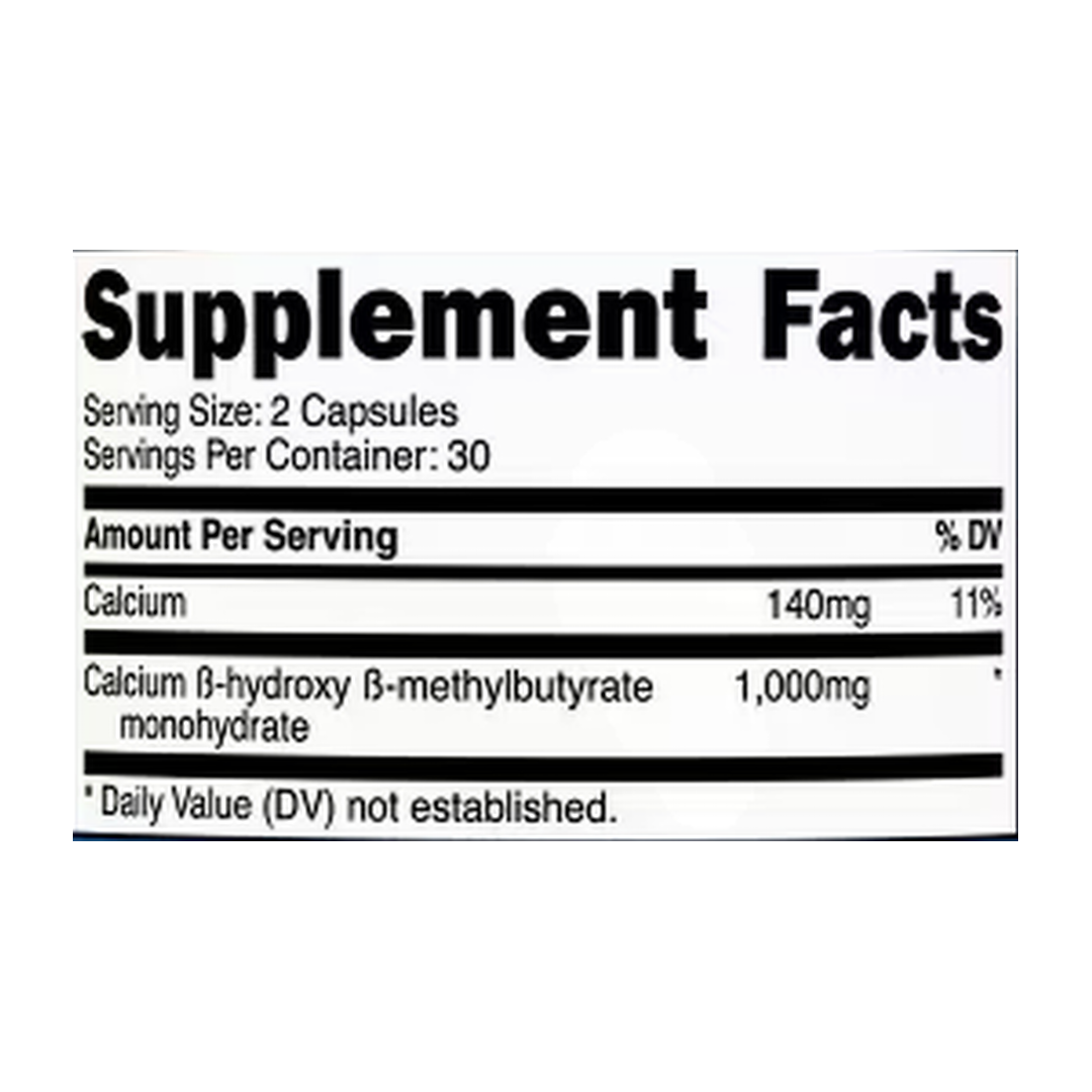 Nutricost, HMB 1,000mg, 60 Capsules supplement facts label showing ingredients, vitamins, minerals, and serving information