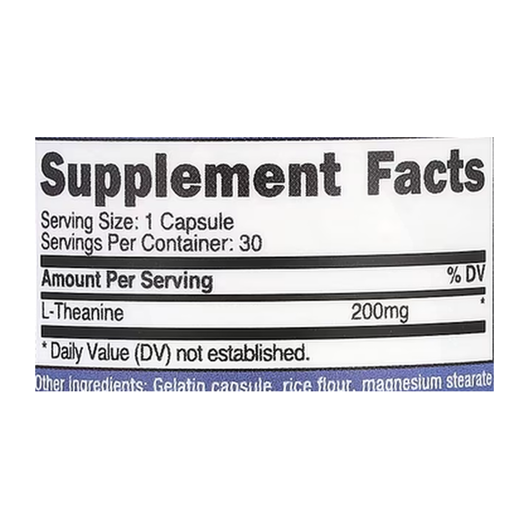 Nutricost, L-Theanine, 200 mg, 30 Capsules supplement facts label showing ingredients, vitamins, minerals, and serving information