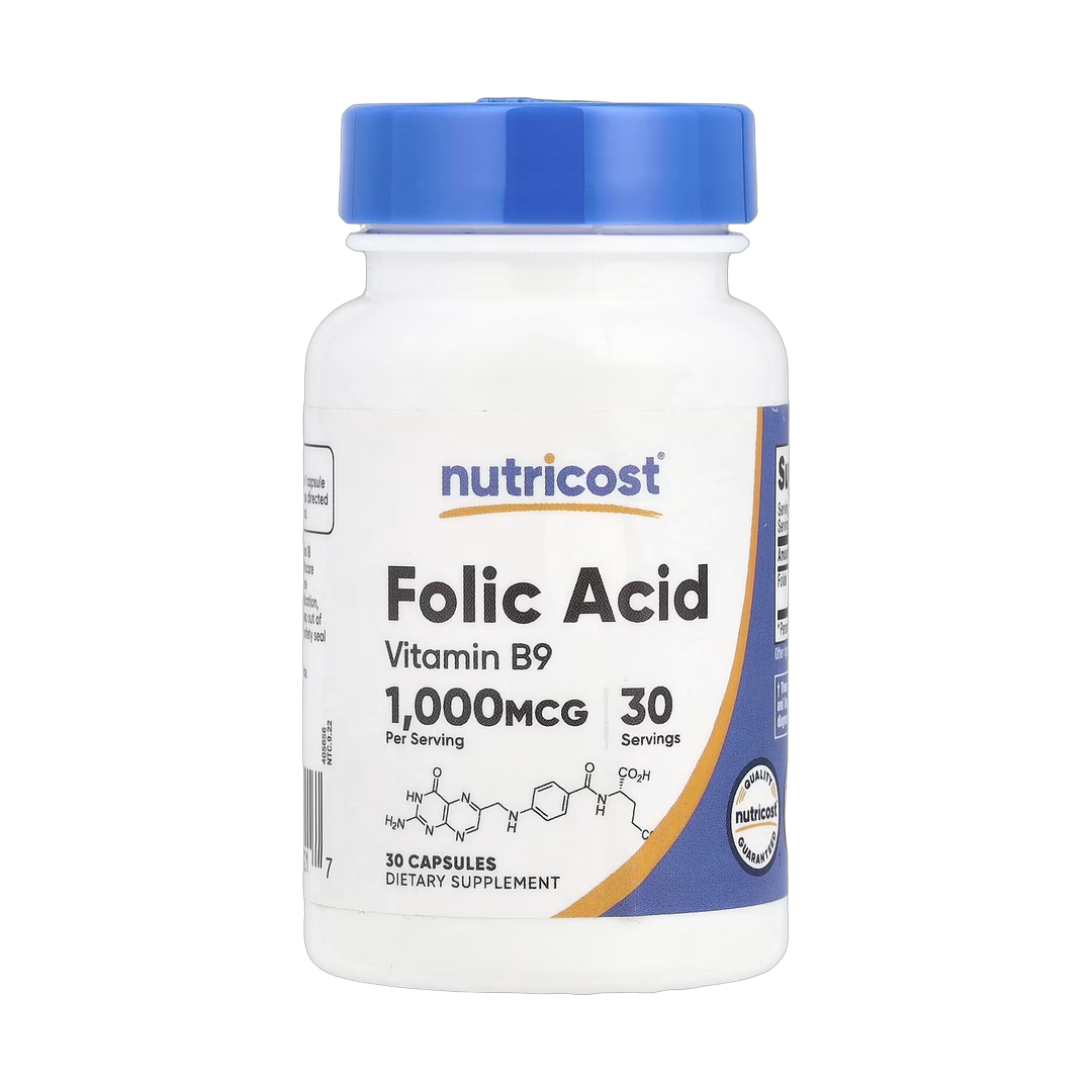 Nutricost, Folic Acid, 1,000 mcg, 30 Capsules front packaging view