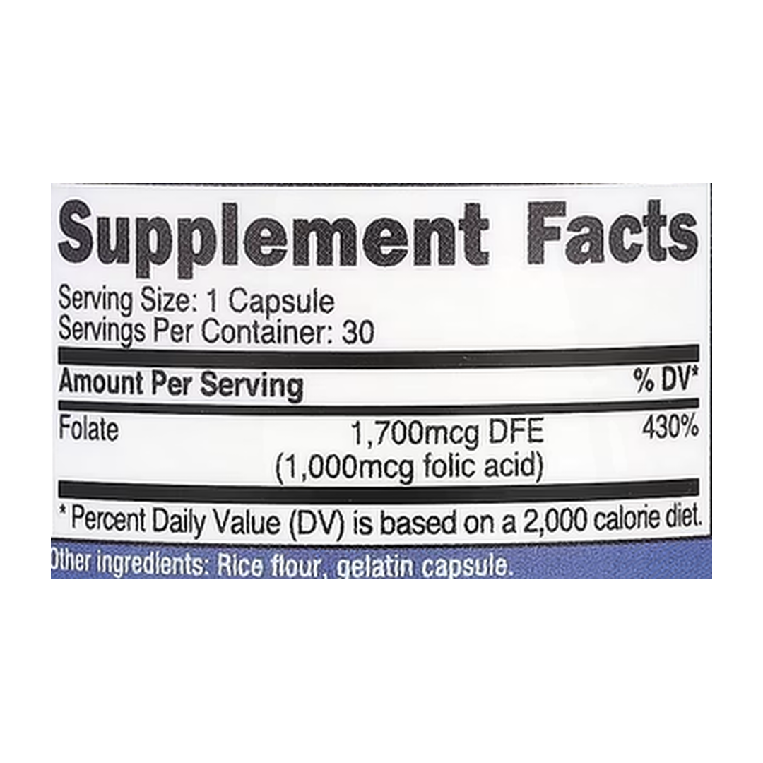 Nutricost, Folic Acid, 1,000 mcg, 30 Capsules supplement facts label showing ingredients, vitamins, minerals, and serving information