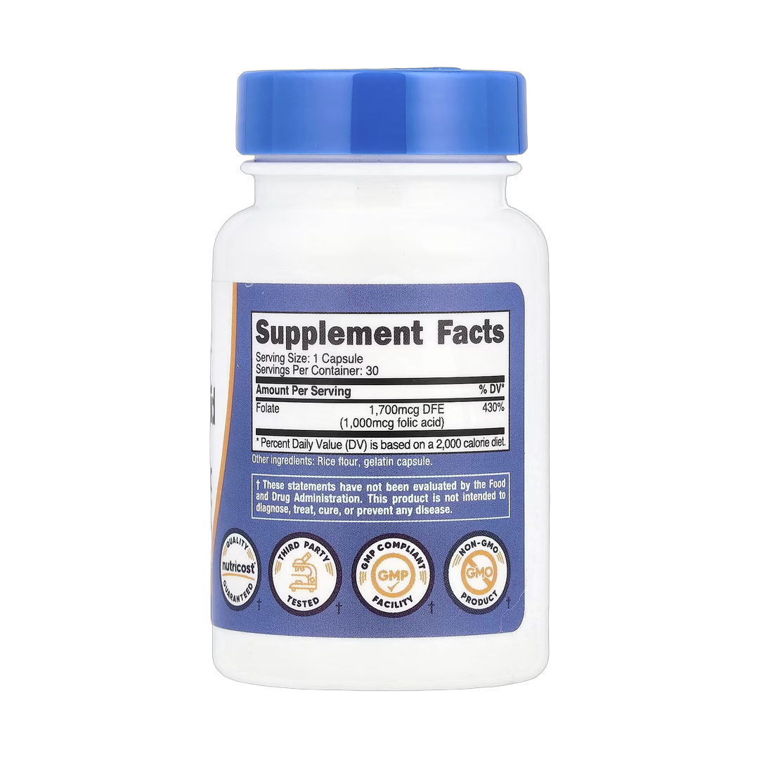 Nutricost, Folic Acid, 1,000 mcg, 30 Capsules back packaging view