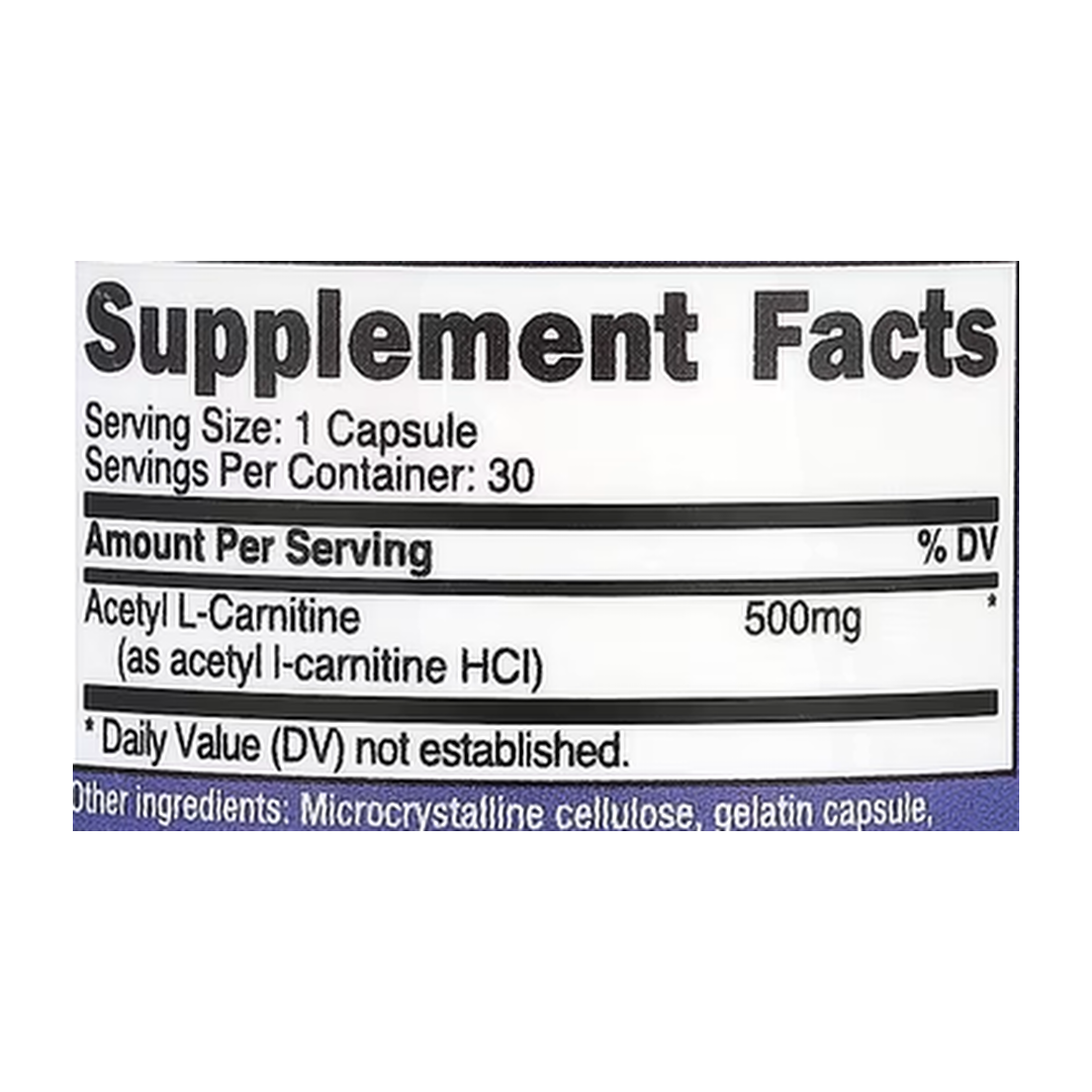 Nutricost, Acetyl L-Carnitine, 500 mg, 30 Capsules supplement facts label showing ingredients, vitamins, minerals, and serving information