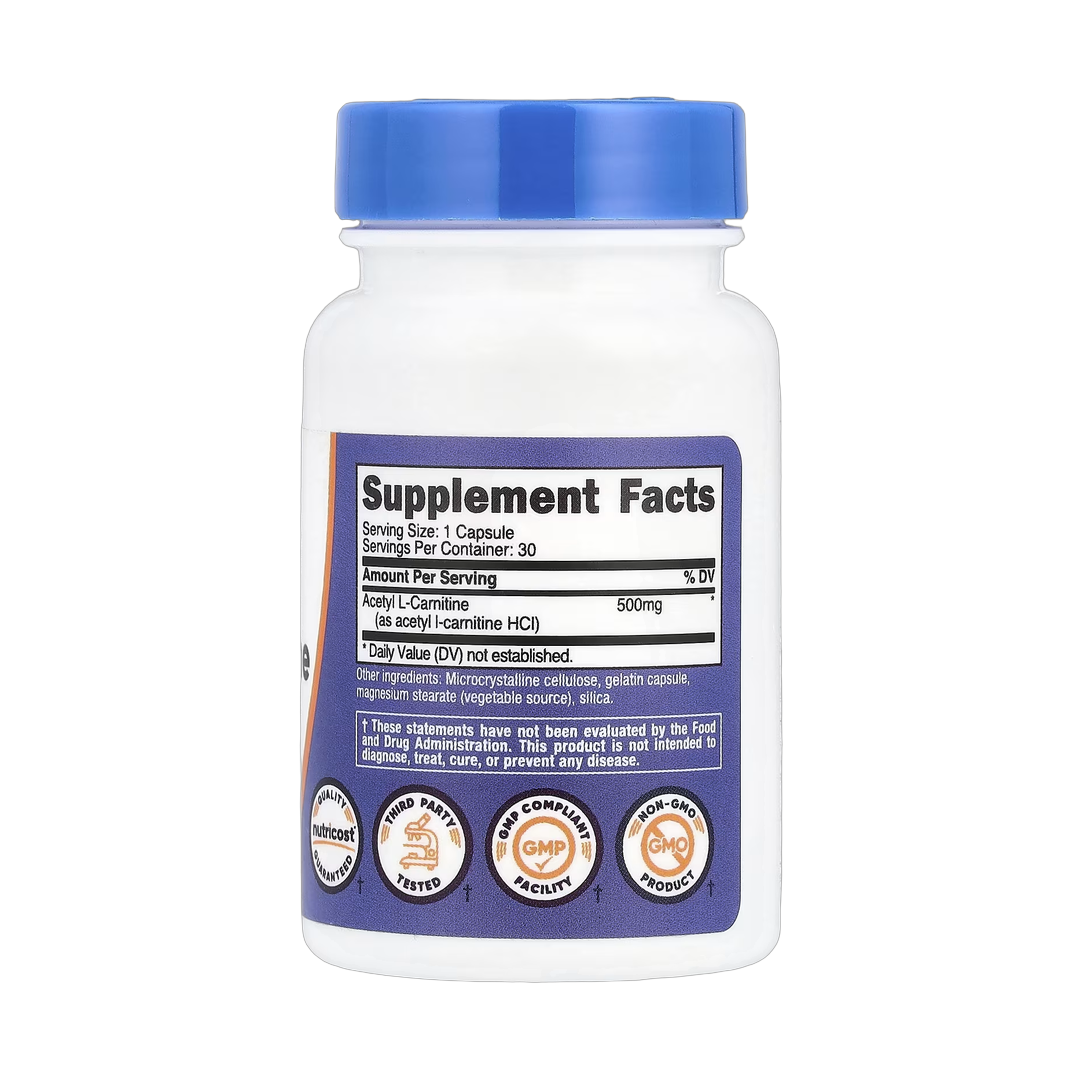 Nutricost, Acetyl L-Carnitine, 500 mg, 30 Capsules back packaging view