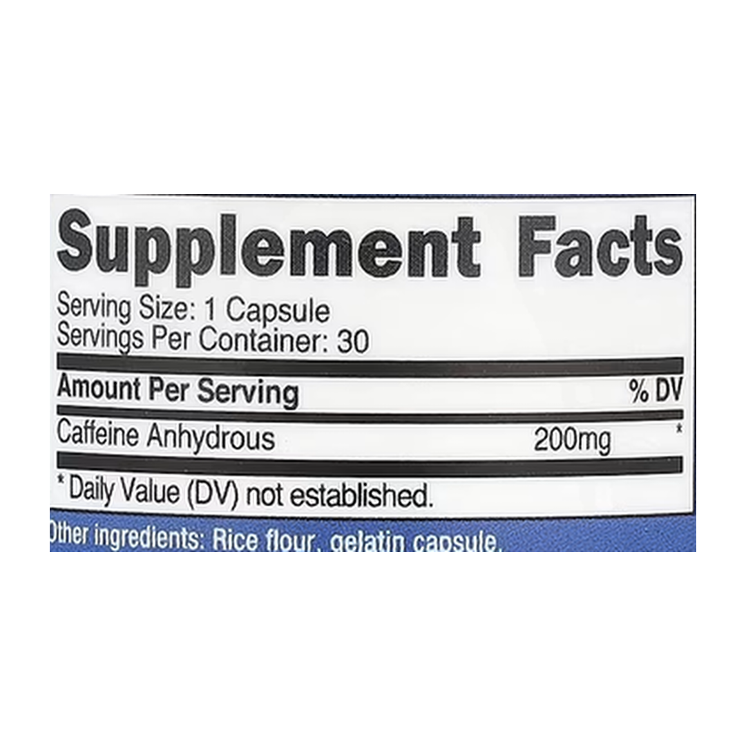Nutricost, Caffeine, 200 mg , 30 Capsules supplement facts label showing ingredients, vitamins, minerals, and serving information