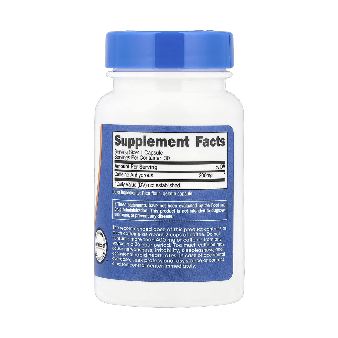 Nutricost, Caffeine, 200 mg , 30 Capsules back packaging view