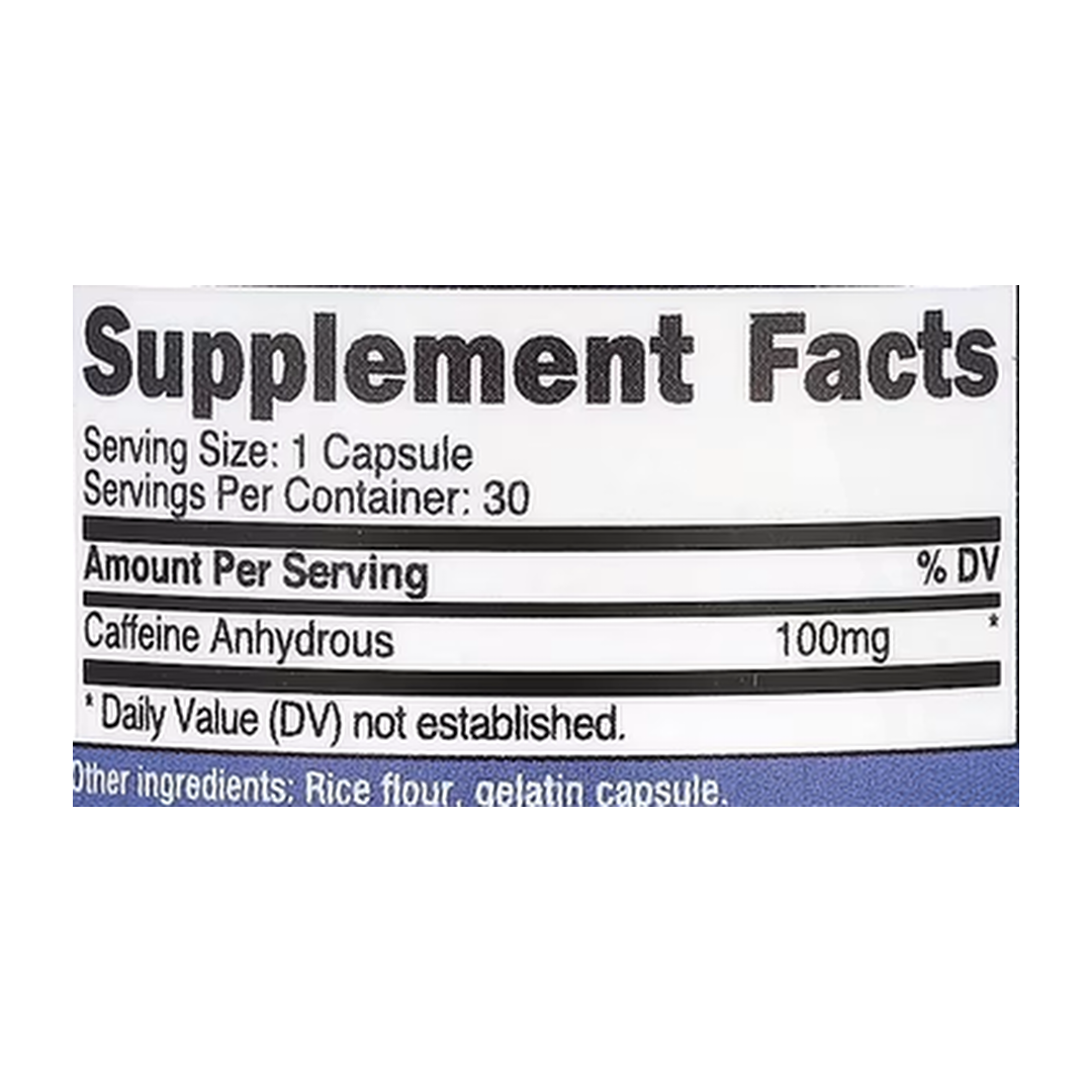 Nutricost, Caffeine, 100 mg, 30 Capsules supplement facts label showing ingredients, vitamins, minerals, and serving information