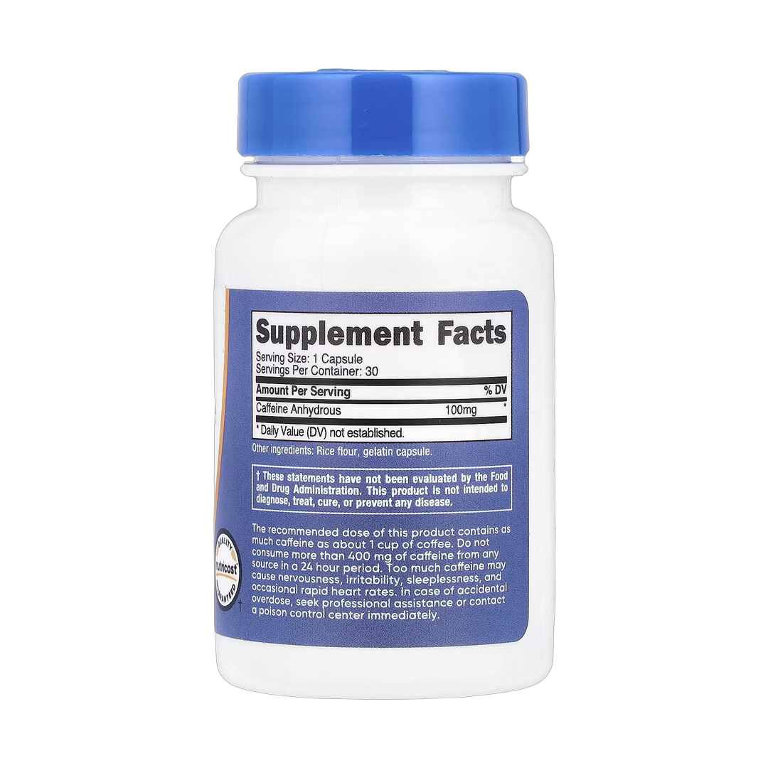 Nutricost, Caffeine, 100 mg, 30 Capsules back packaging view