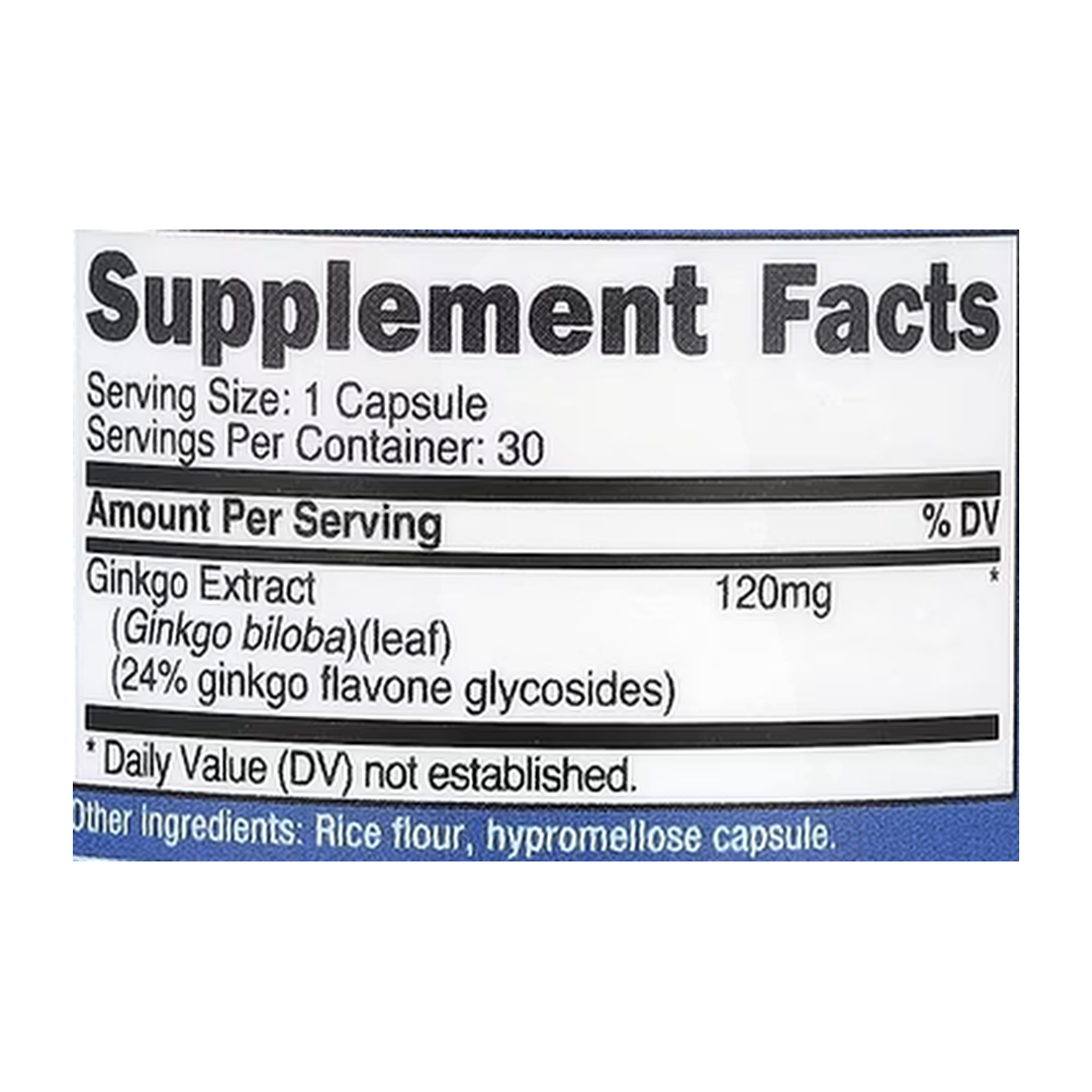 Nutricost, Ginkgo Biloba, 120 mg, 30 Capsules supplement facts label showing ingredients, vitamins, minerals, and serving information
