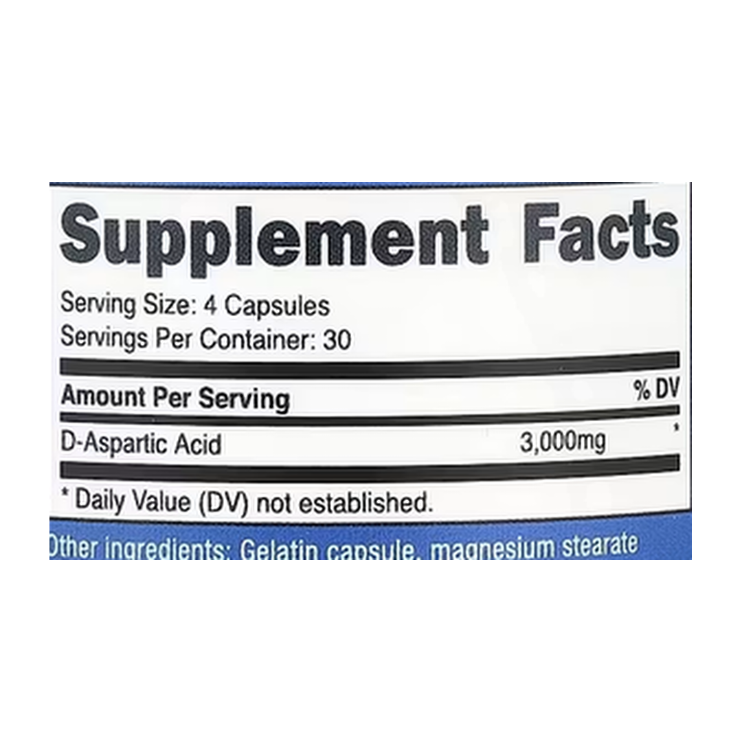 Nutricost, D-Aspartic Acid, 120 Capsules supplement facts label showing ingredients, vitamins, minerals, and serving information