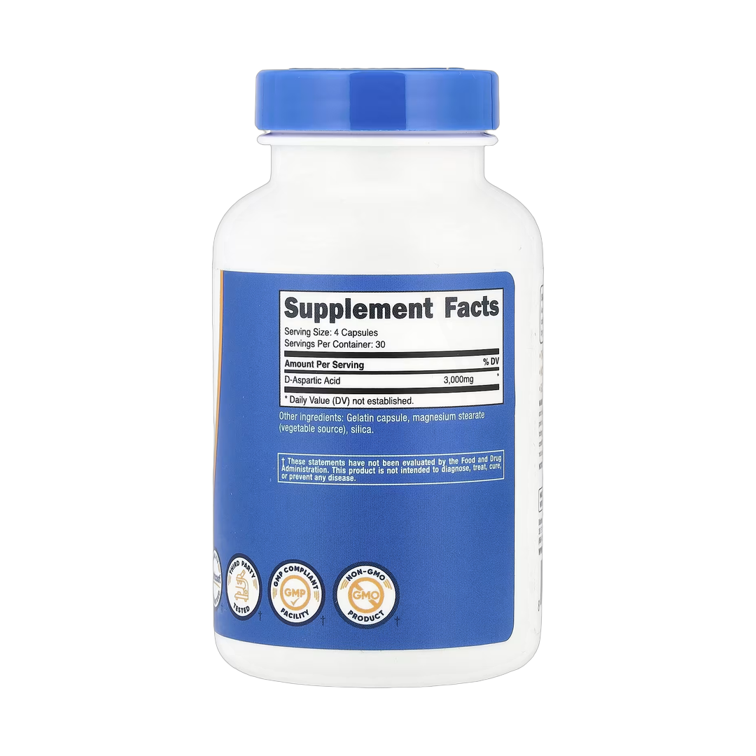 Nutricost, D-Aspartic Acid, 120 Capsules back packaging view