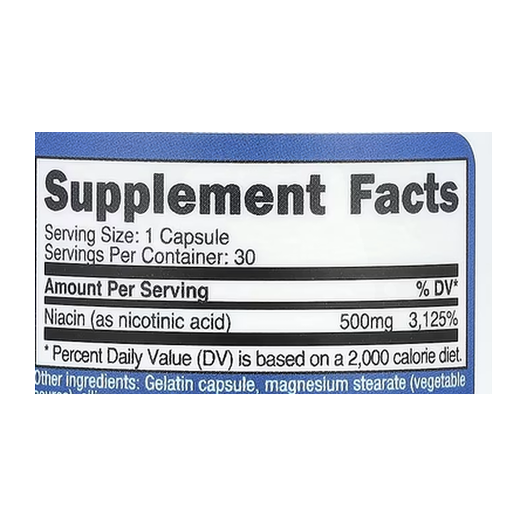 Nutricost, Niacin, 500 mg, 30 Capsules supplement facts label showing ingredients, vitamins, minerals, and serving information
