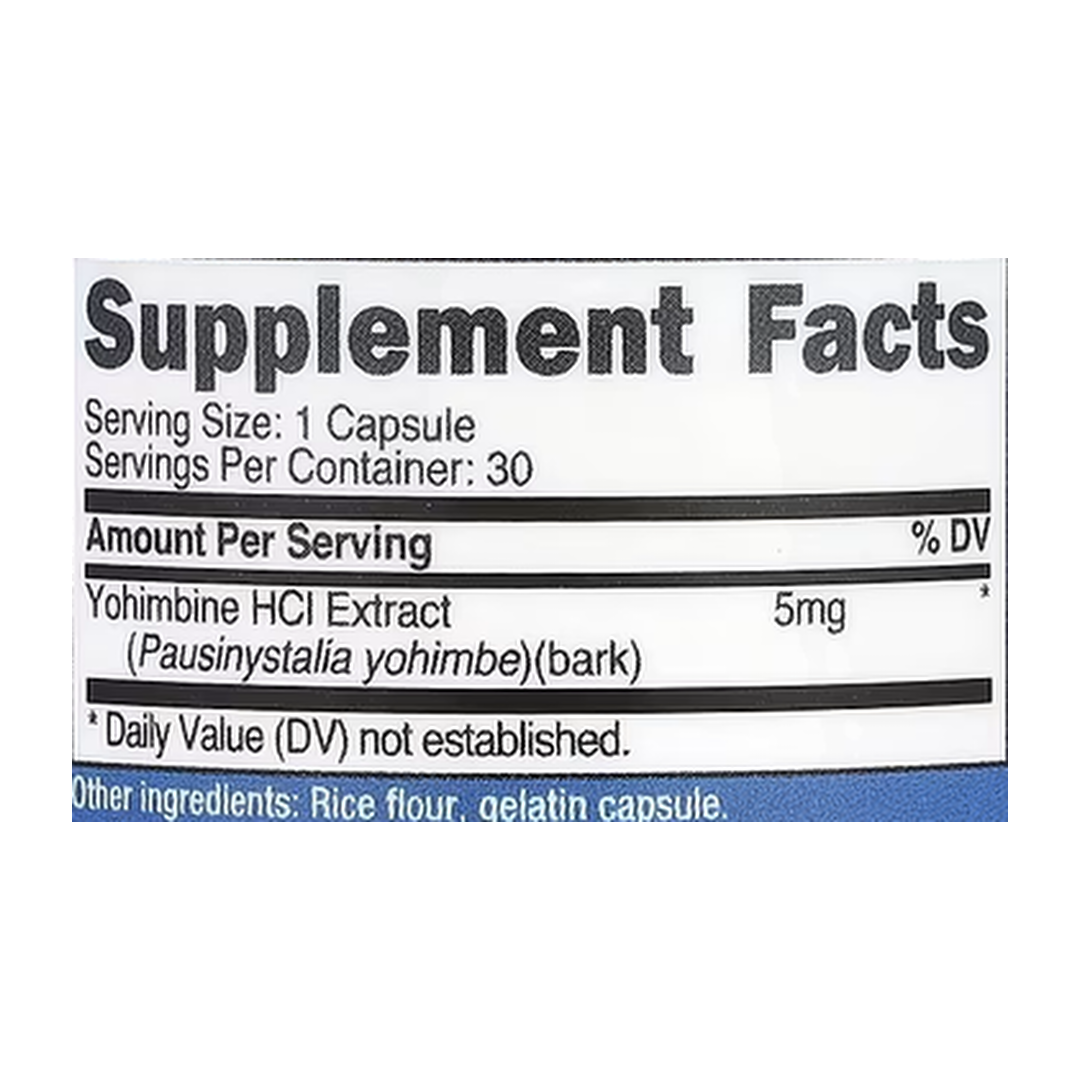 Nutricost, Yohimbine HCI, 5 mg, 30 Capsules supplement facts label showing ingredients, vitamins, minerals, and serving information