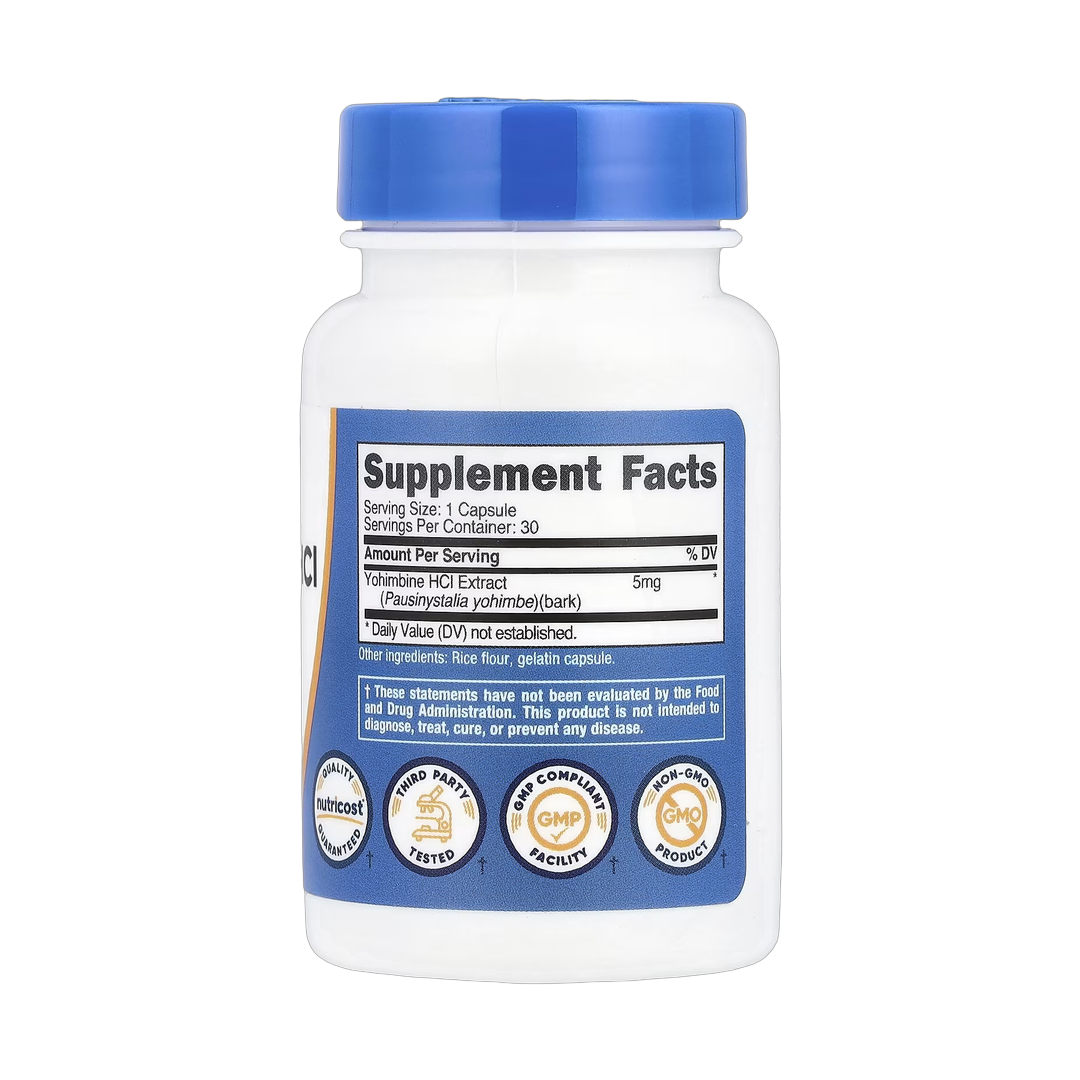 Nutricost, Yohimbine HCI, 5 mg, 30 Capsules back packaging view