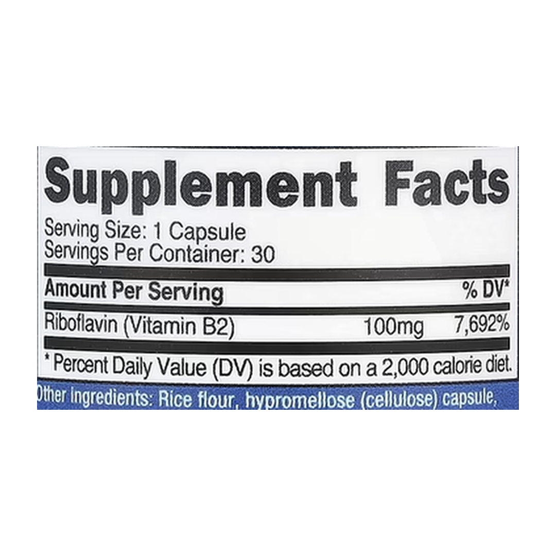 Nutricost, Vitamin B2, 100 mg, 30 Capsules supplement facts label showing ingredients, vitamins, minerals, and serving information