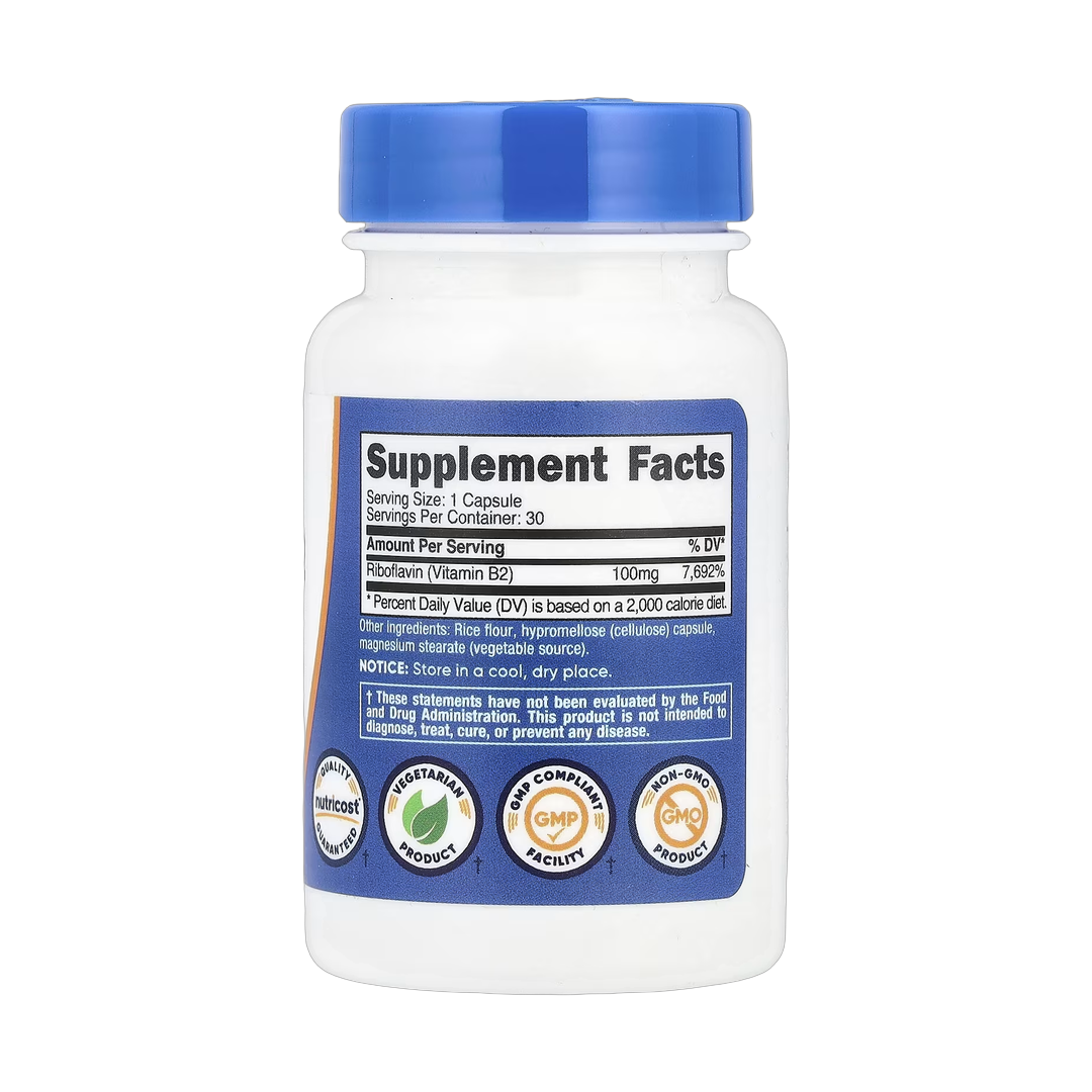 Nutricost, Vitamin B2, 100 mg, 30 Capsules back packaging view