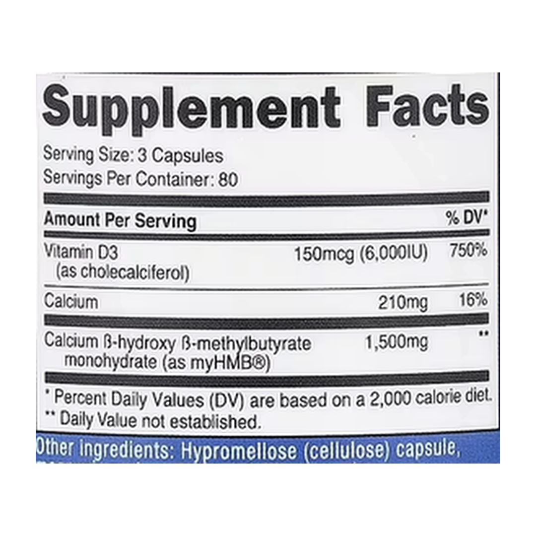 Nutricost, Performance, HMB + Vitamin D3, 240 Capsules supplement facts label showing ingredients, vitamins, minerals, and serving information