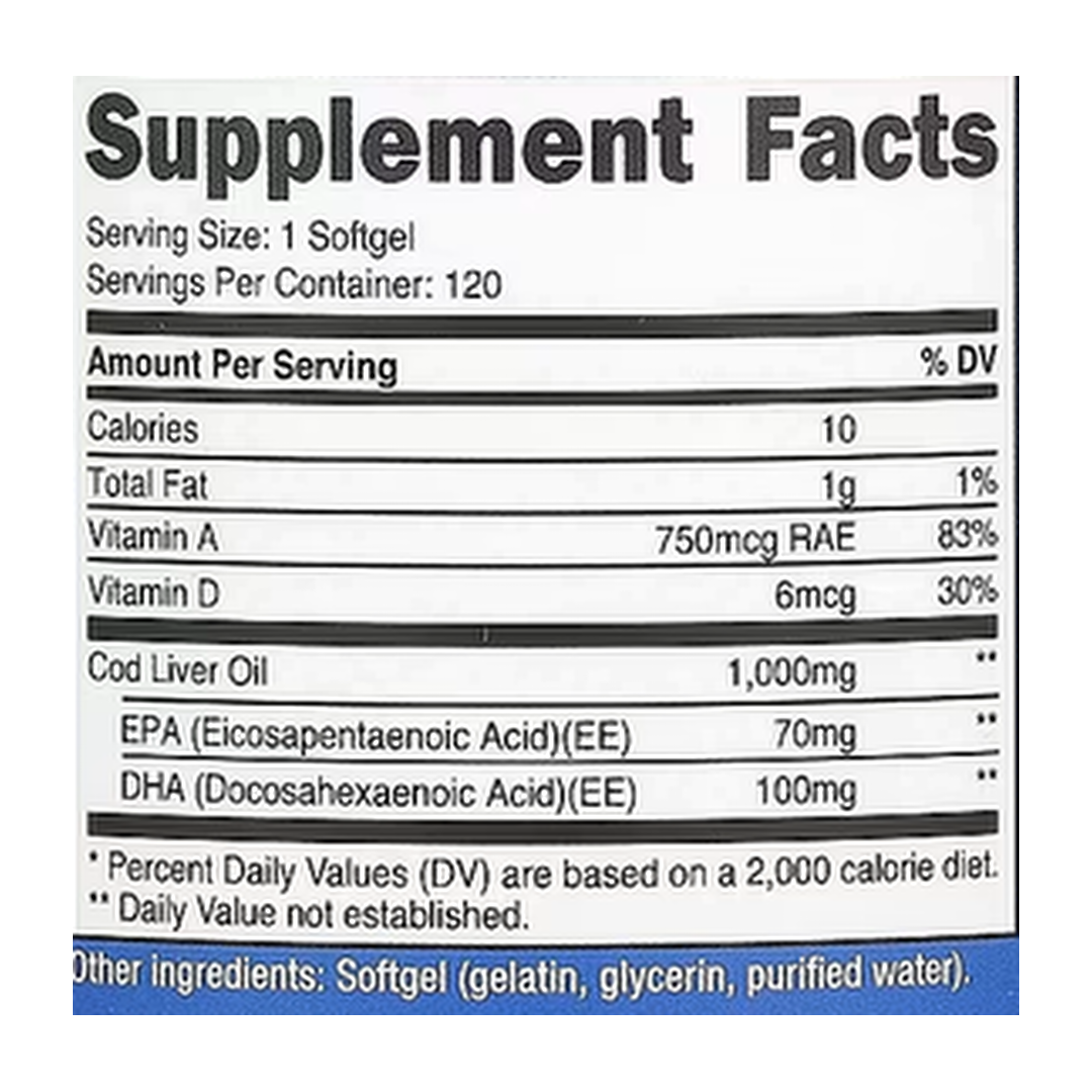 Nutricost, Cod Liver Oil, 1,000 mg, 120 Softgels supplement facts label showing ingredients, vitamins, minerals, and serving information