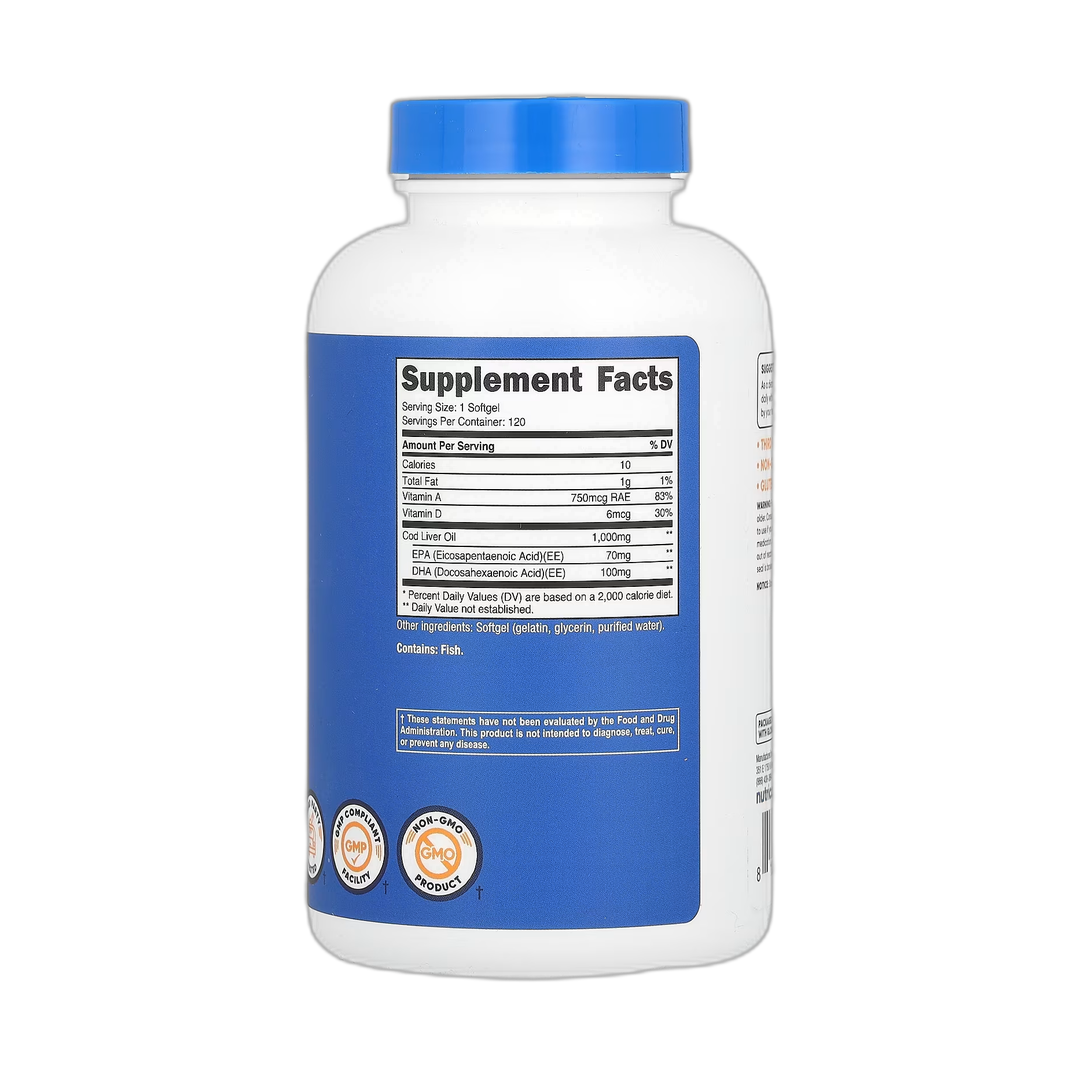 Nutricost, Cod Liver Oil, 1,000 mg, 120 Softgels back packaging view