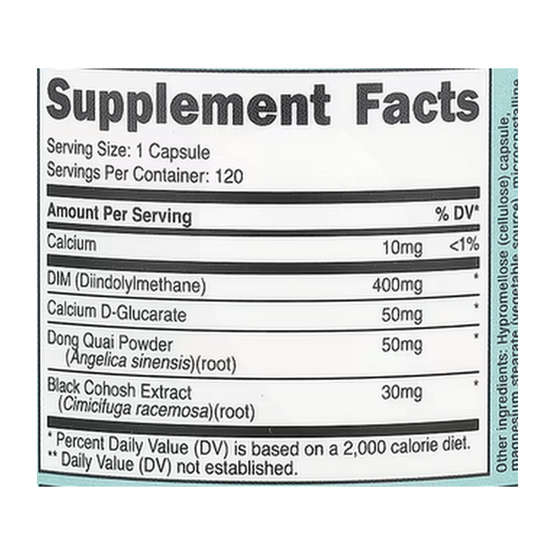 Nutricost, Women, DIM With Calcium D-Glucarate & Dong Quai, 120 Capsules supplement facts label showing ingredients, vitamins, minerals, and serving information