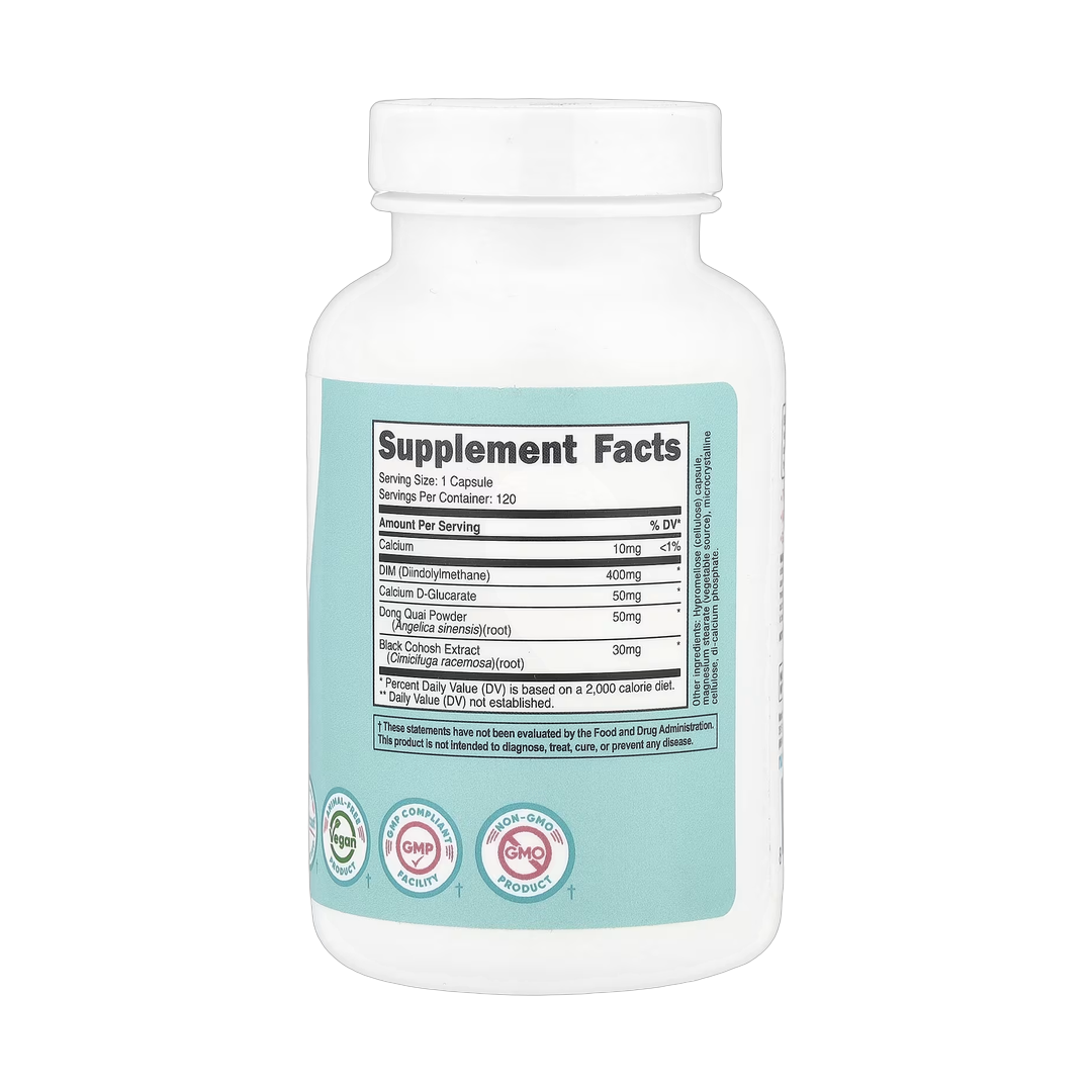 Nutricost, Women, DIM With Calcium D-Glucarate & Dong Quai, 120 Capsules back packaging view