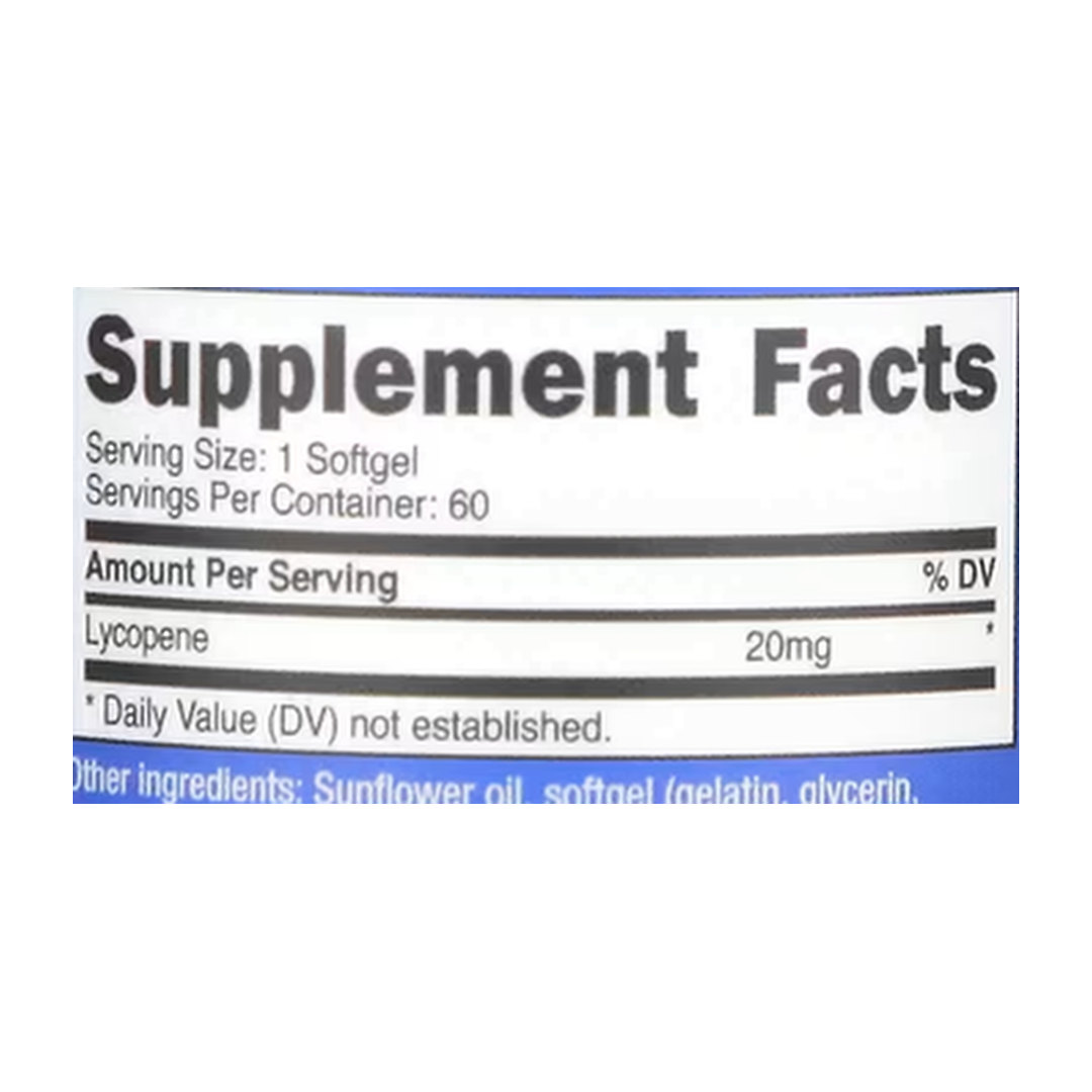 Nutricost, Lycopene, 20 mg , 60 Softgels supplement facts label showing ingredients, vitamins, minerals, and serving information
