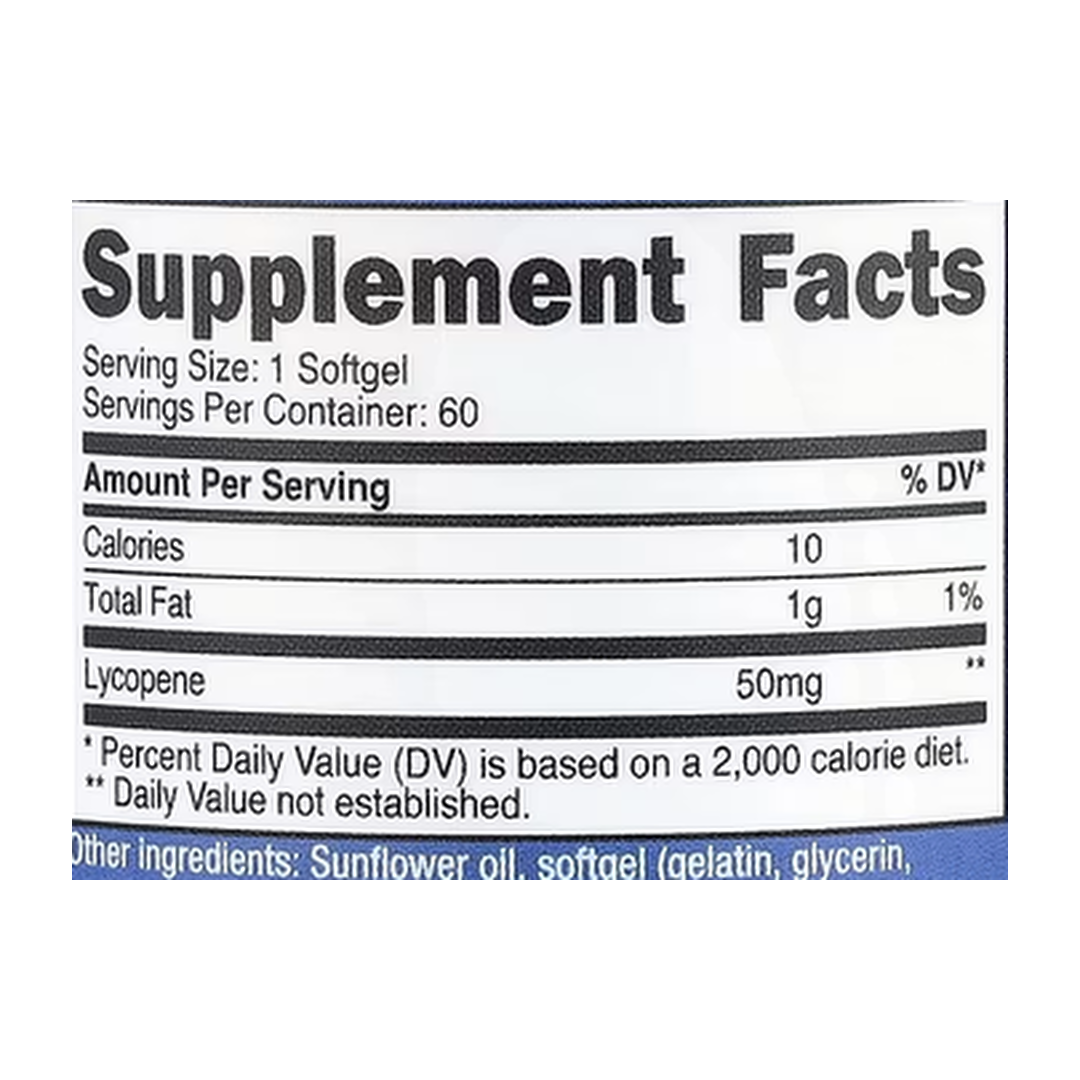 Nutricost, Lycopene , 50 mg , 60 Softgels supplement facts label showing ingredients, vitamins, minerals, and serving information