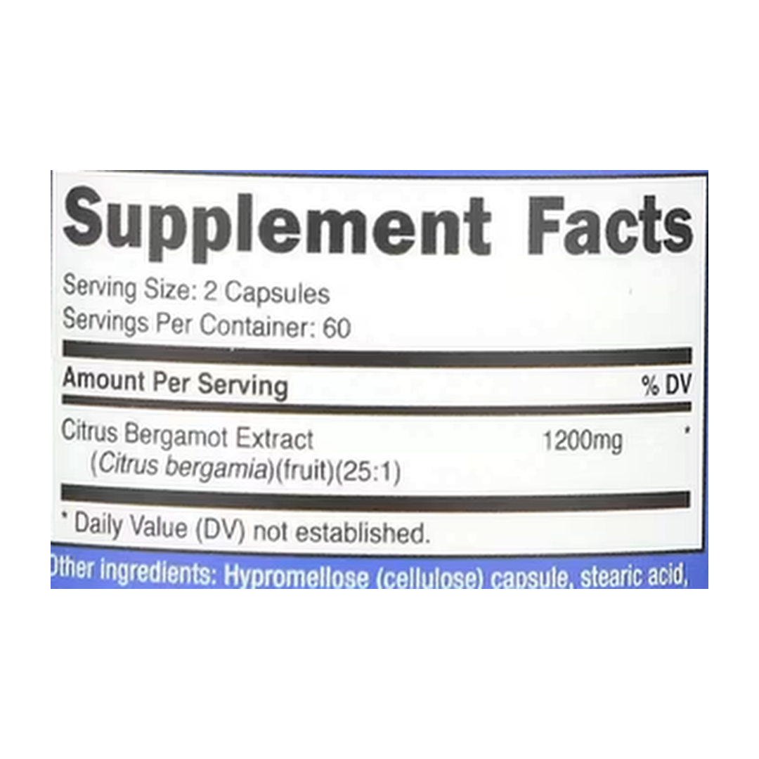 Nutricost, Citrus Bergamot, 120 Capsules supplement facts label showing ingredients, vitamins, minerals, and serving information
