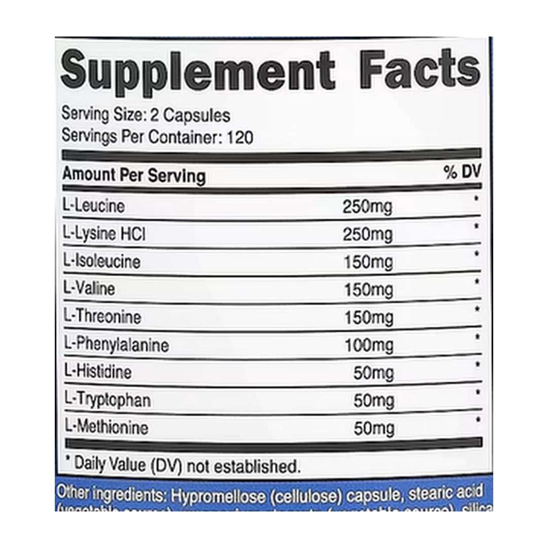 Nutricost, Performance, EAA, 240 Capsules supplement facts label showing ingredients, vitamins, minerals, and serving information