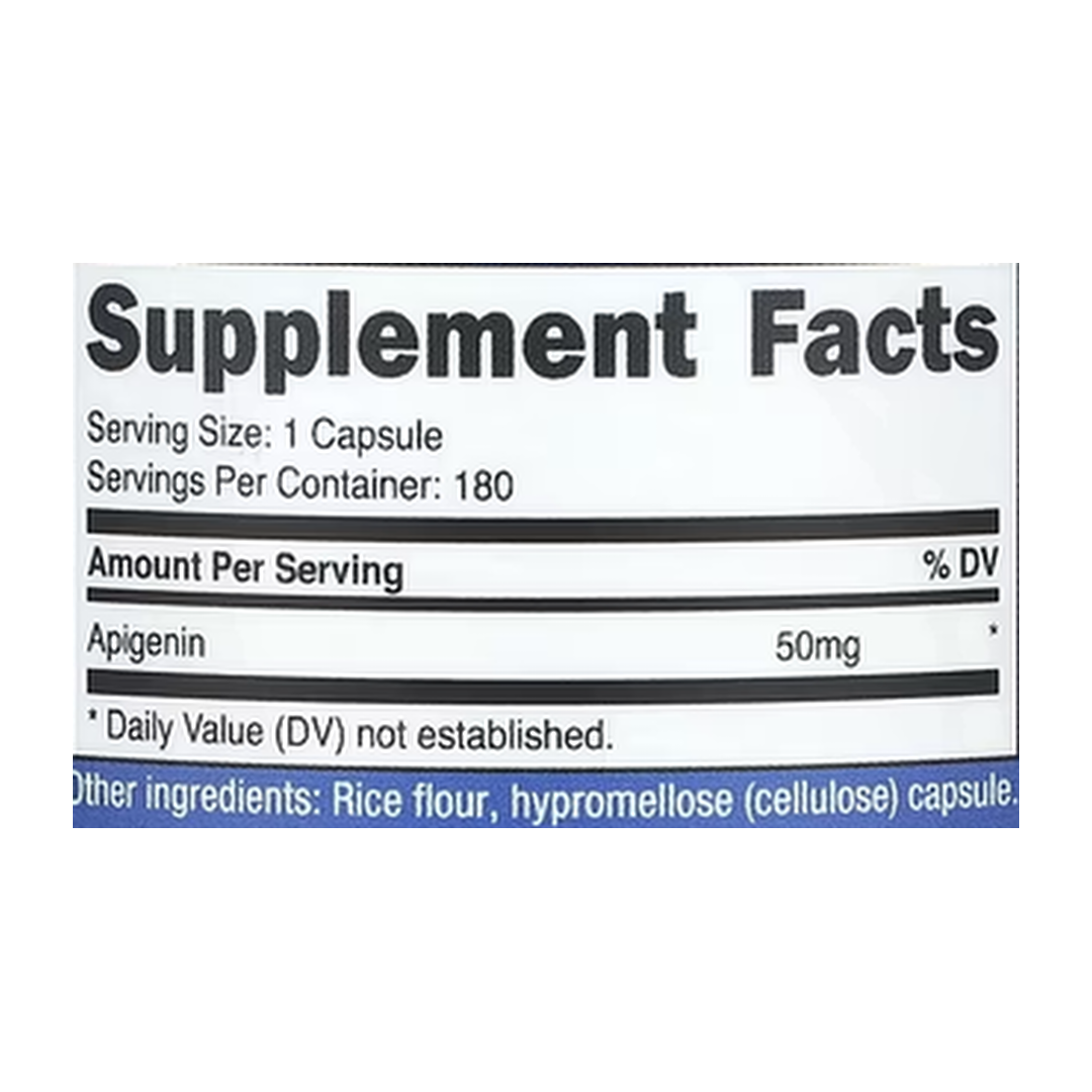Nutricost, Apigenin, 50 mg, 180 Capsules supplement facts label showing ingredients, vitamins, minerals, and serving information