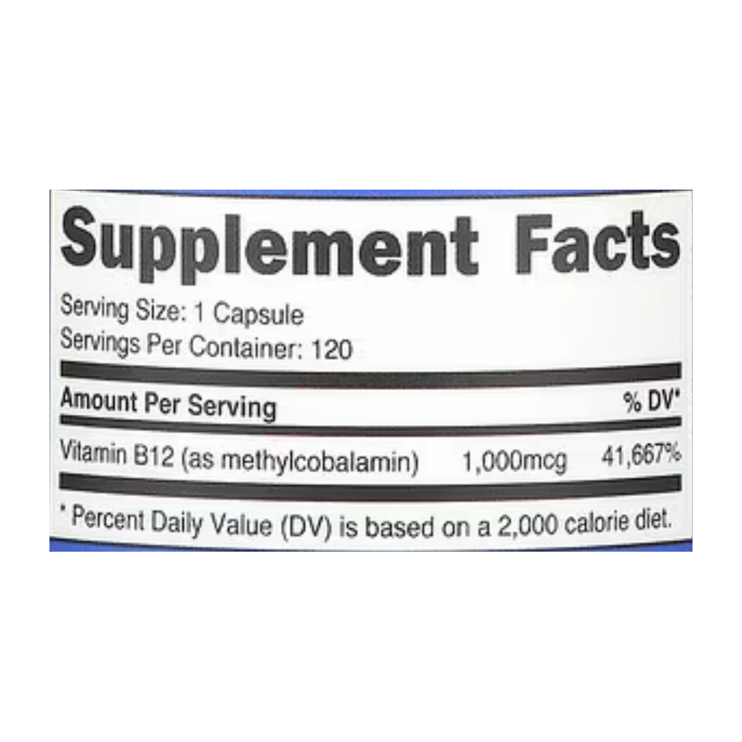 Nutricost, Vitamin B12, 1,000 mcg, 120 Capsules supplement facts label showing ingredients, vitamins, minerals, and serving information