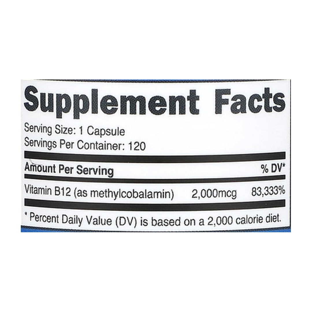 Nutricost, Vitamin B12, 2,000 mcg, 120 Capsules supplement facts label showing ingredients, vitamins, minerals, and serving information