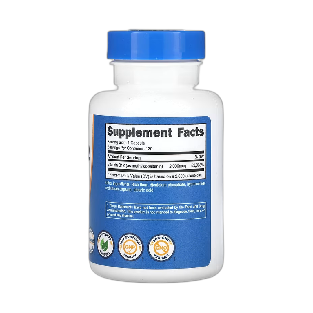 Nutricost, Vitamin B12, 2,000 mcg, 120 Capsules back packaging view