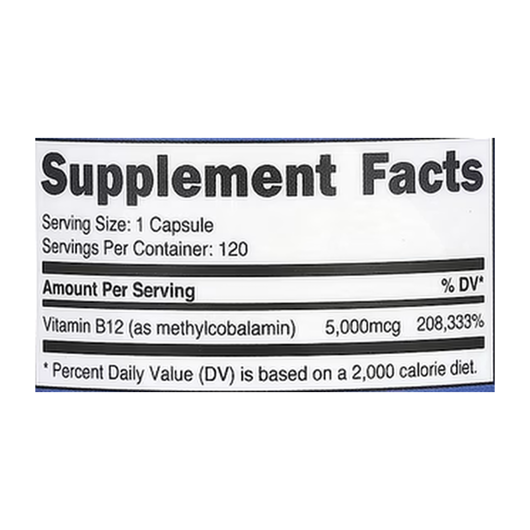 Nutricost, Vitamin B12, 5,000 mcg, 120 Capsules supplement facts label showing ingredients, vitamins, minerals, and serving information