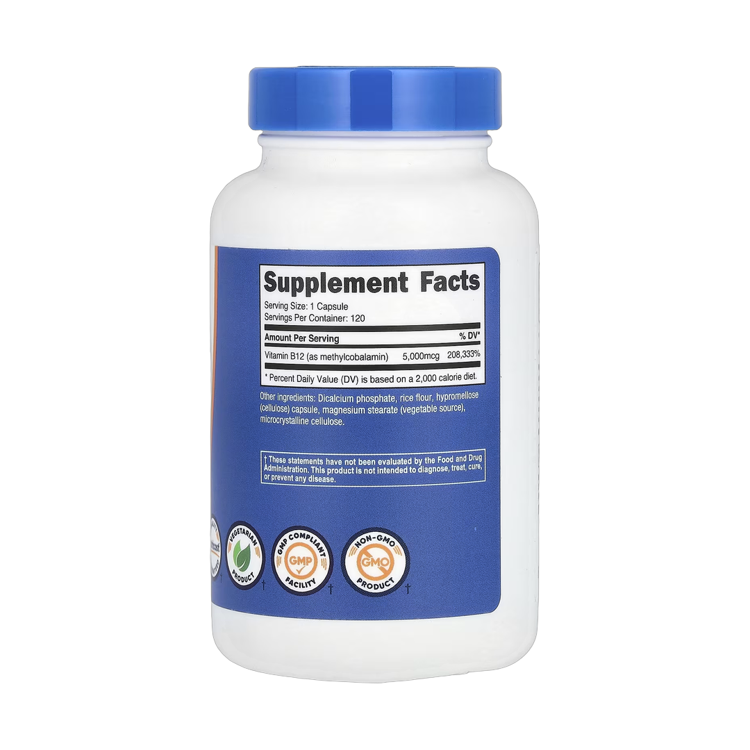Nutricost, Vitamin B12, 5,000 mcg, 120 Capsules back packaging view