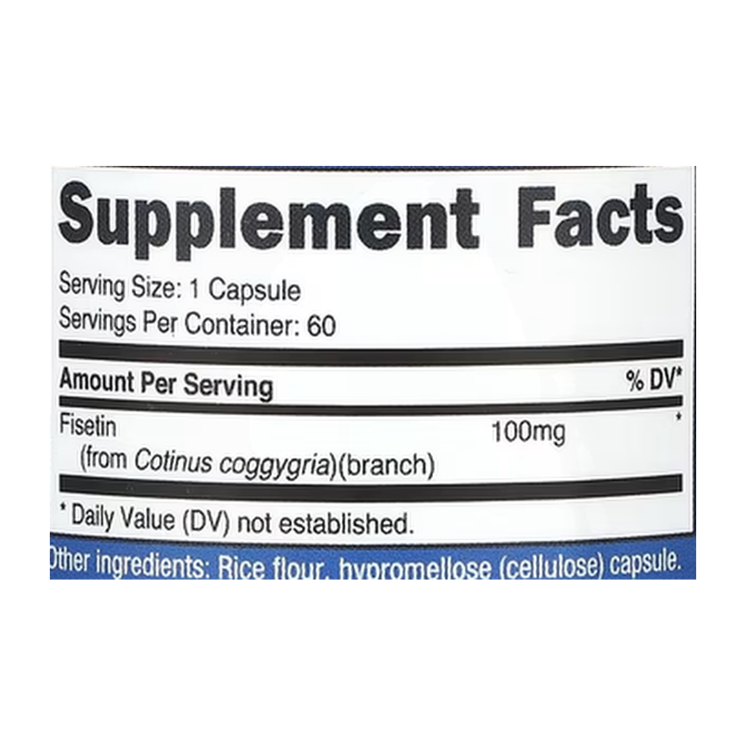 Nutricost, Fisetin, 100 mg , 60 Capsules supplement facts label showing ingredients, vitamins, minerals, and serving information