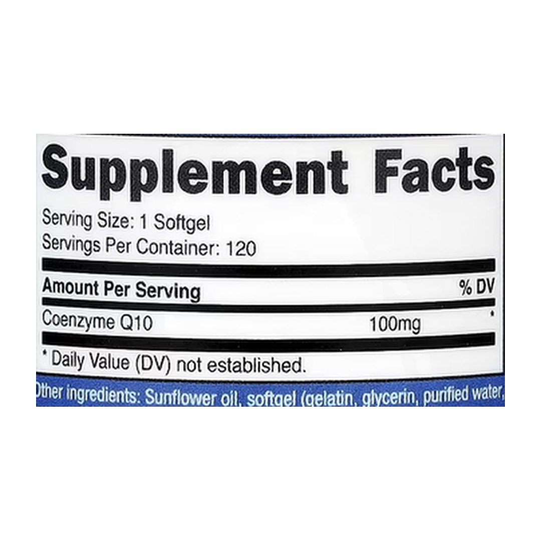 Nutricost, CoQ10, 100 mg, 120 Softgels supplement facts label showing ingredients, vitamins, minerals, and serving information