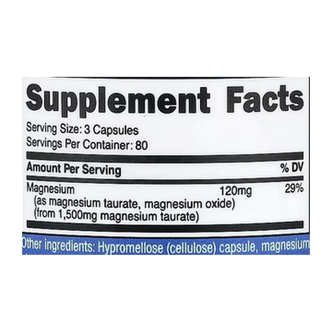 Nutricost, Magnesium Taurate, 240 Capsules supplement facts label showing ingredients, vitamins, minerals, and serving information