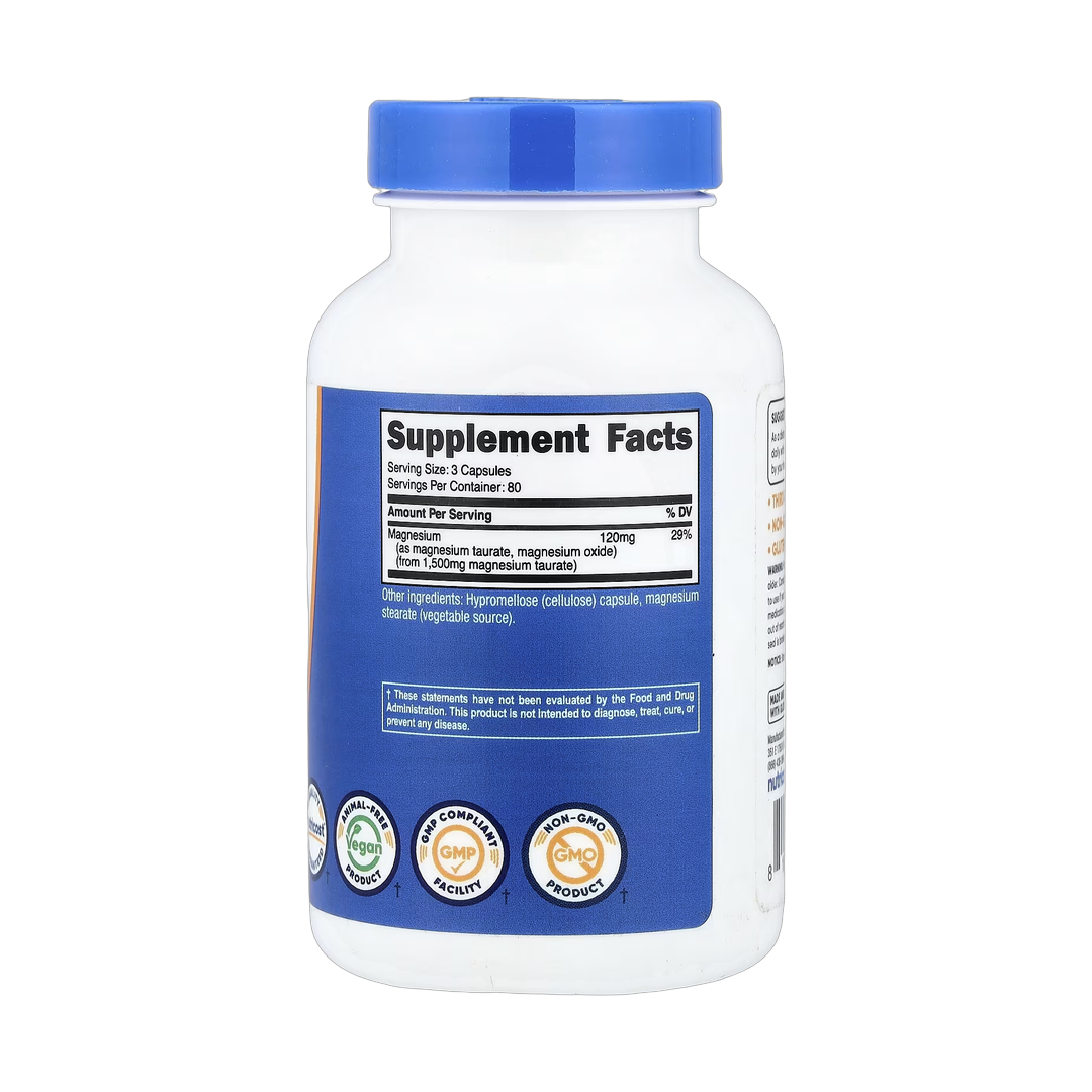 Nutricost, Magnesium Taurate, 240 Capsules back packaging view